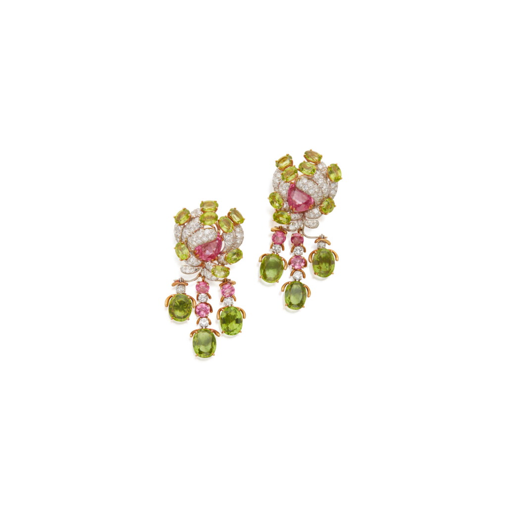 View full screen - View 1 of Lot 56. PAIR OF PINK TOURMALINE, PERIDOT AND DIAMOND PENDANT-EARCLIPS.