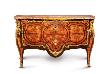 View full screen - View 1 of Lot 43. A Louis XV Gilt-Bronze Mounted Fruitwood and Amaranth Marquetry Commode, Attributed to D. Genty, Mid-18th Century.