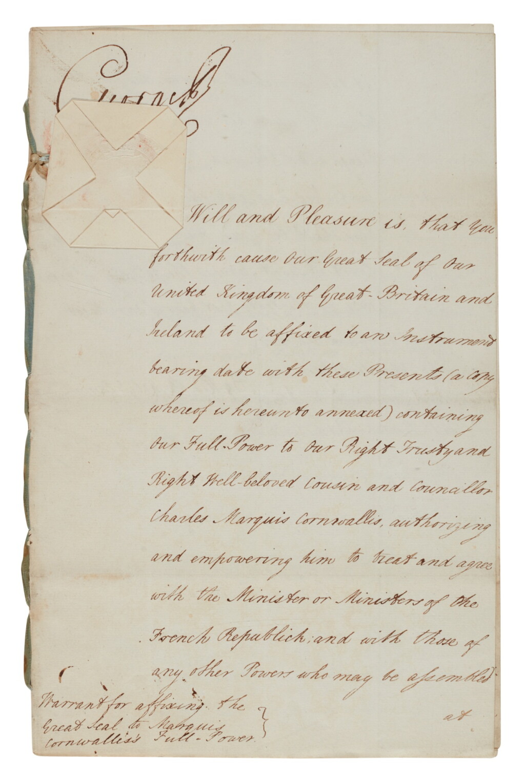 View full screen - View 1 of Lot 25. King George III | Document signed, authorising peace negotiations with France, 30 October 1801 .