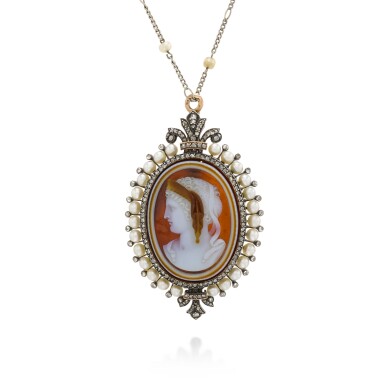 View full screen - View 1 of Lot 135. Sardonyx, Pearl and Diamond Pendant.