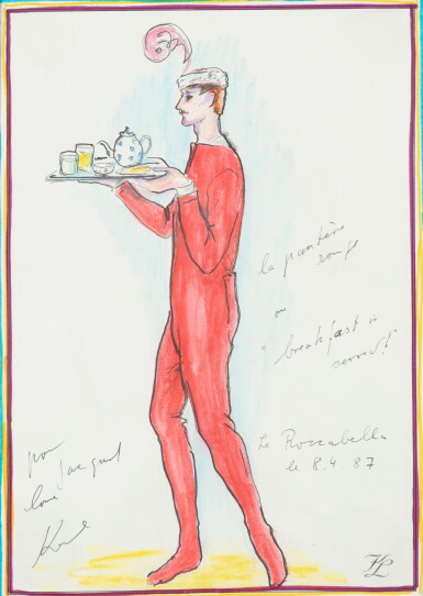View full screen - View 1 of Lot 2017. The red panther, Jacques de Bascher in a red costume carrying a breakfeast plate | La panthère rouge, Jacques de Bascher en costume rouge portant un plateau de petit déjeuner.
