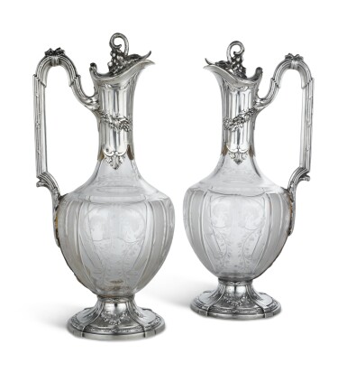 View full screen - View 1 of Lot 41. A Pair of French Silver-Mounted Cut-Glass Claret Jugs, Louis Coignet, Paris, Circa 1890 .