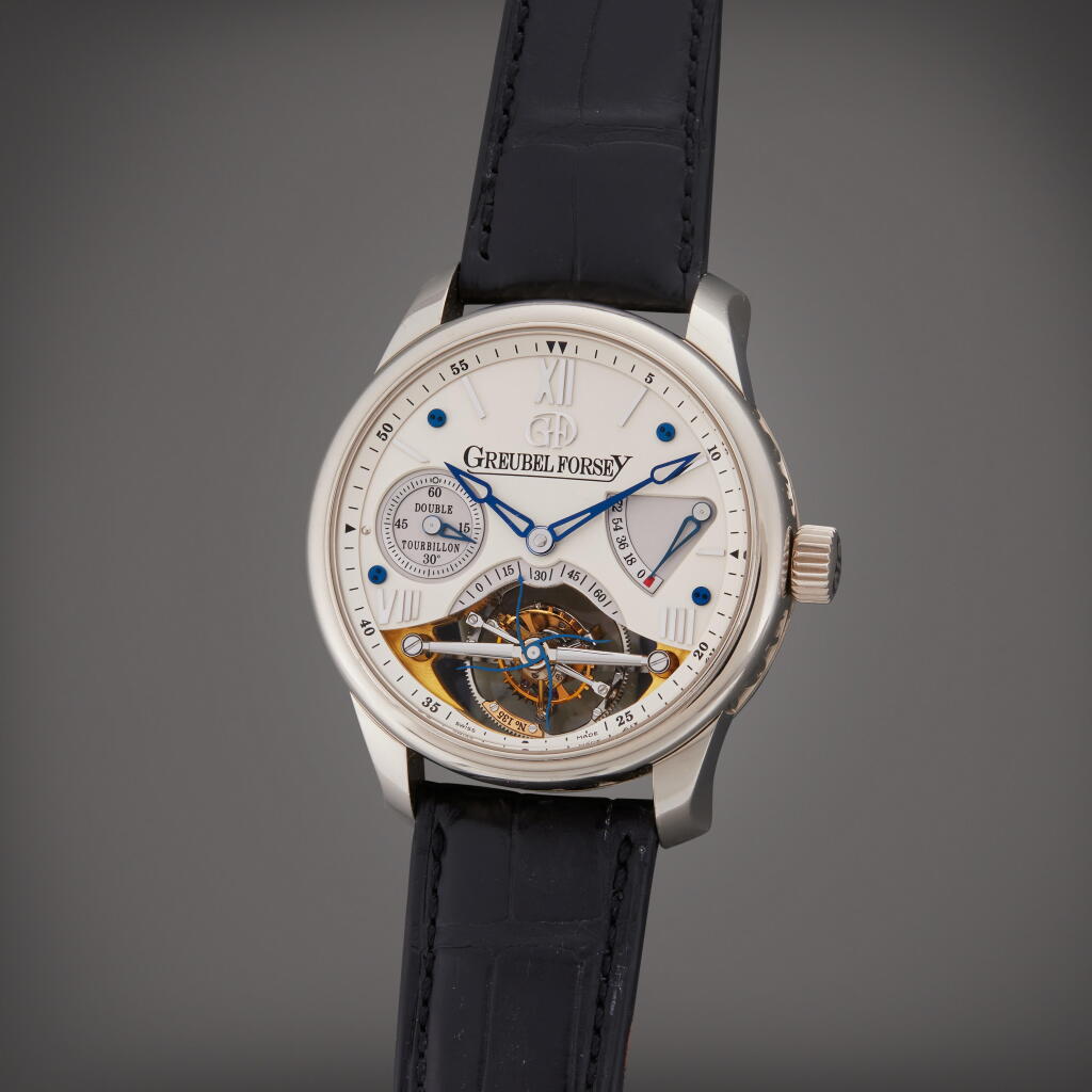 View full screen - View 1 of Lot 108. Double Tourbillon 30° | A white gold double tourbillon wristwatch with power reserve indication, Circa 2010.