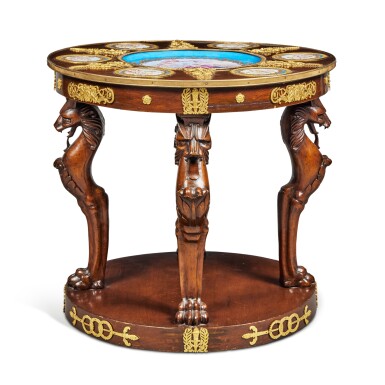 View full screen - View 1 of Lot 408. An Empire Style Gilt-Bronze Mounted and Sevres Style Porcelain Inlaid Mahogany Center Table, Late 19th Century and Later.