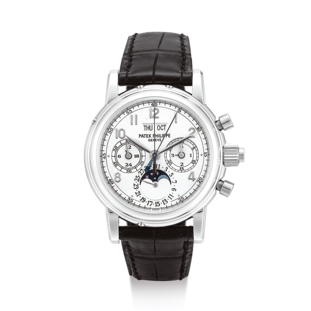 View full screen - View 1 of Lot 2290. PATEK PHILIPPE | REFERENCE 5004 A PLATINUM PERPETUAL CALENDAR SPLIT SECONDS CHRONOGRAPH WRISTWATCH WITH MOON PHASES, 24 HOURS AND LEAP YEAR INDICATION, CIRCA 2007 " | 百達翡麗 | 型號5004 鉑金萬年曆追針計時腕錶,備月相、24小時及閏年顯示,機芯編號3275126,錶殼編號4438408,約2007年製".