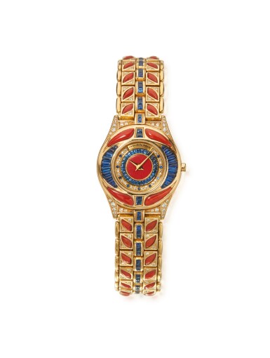 View full screen - View 1 of Lot 50. GOLD, CORAL, SAPPHIRE AND DIAMOND WRISTWATCH, MAUBOUSSIN.