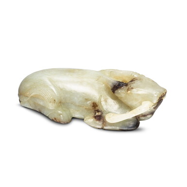View full screen - View 1 of Lot 487. A white and black jade 'buffalo and millet' group Late Ming - early Qing dynasty 明末清初 玉臥牛銜穗 .