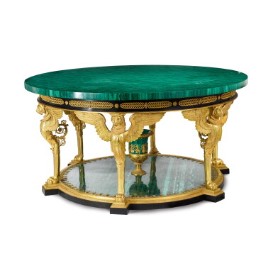 View full screen - View 1 of Lot 209. A Large Empire Style Gilt and Patinated Bronze, Tole and Malachite Circular Center Table, Second Half 20th century.