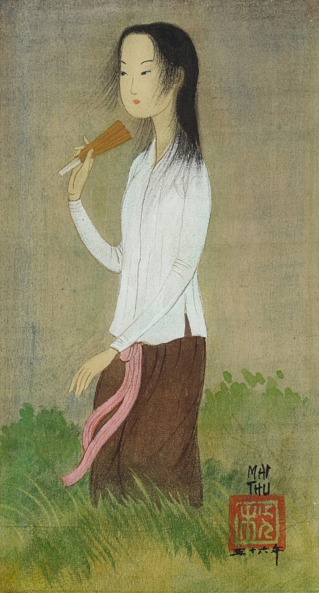 View full screen - View 1 of Lot 1085. Mai Trung Thu 枚中栨 (梅忠恕)| Jeune fille à l'éventail 持扇少女.
