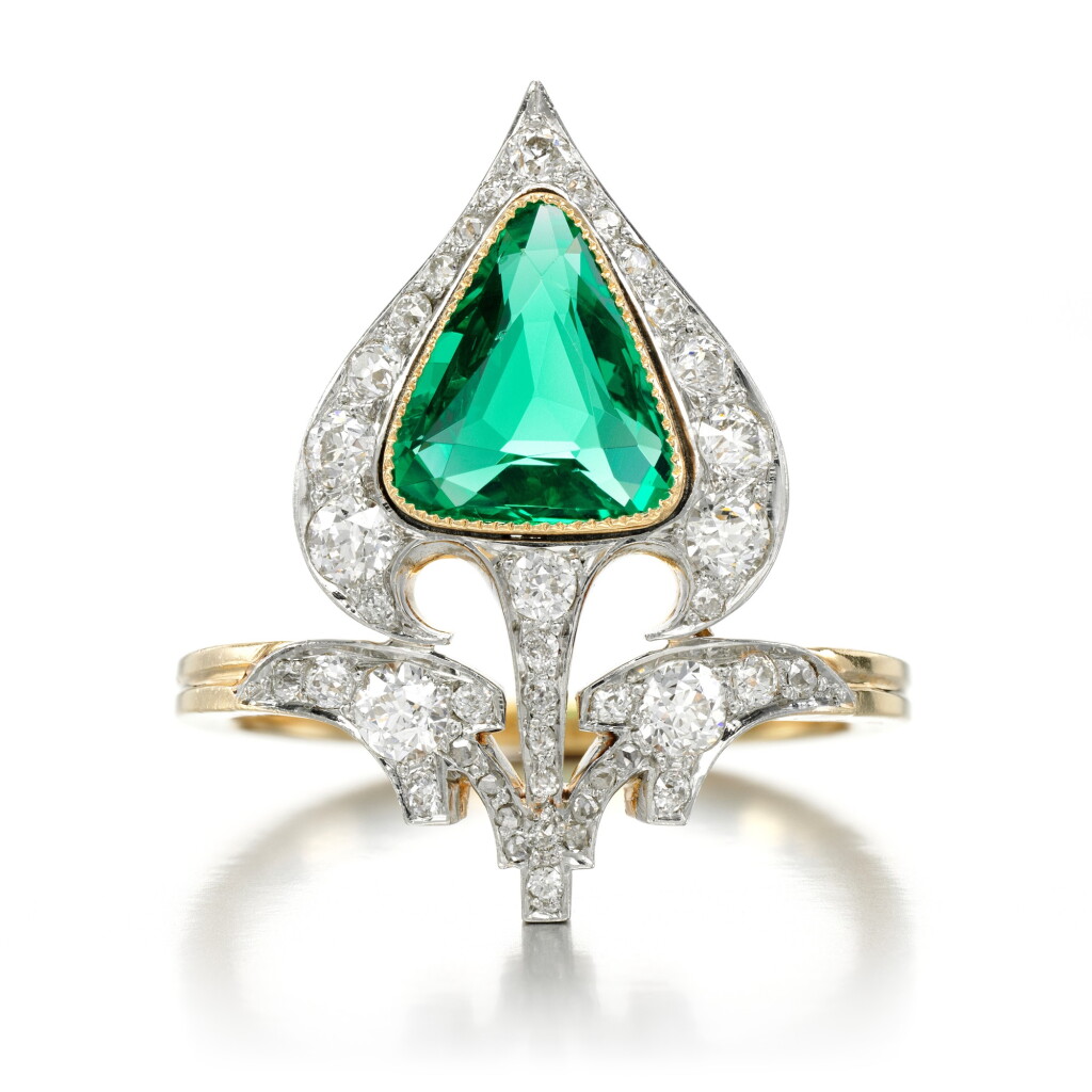 View full screen - View 1 of Lot 9. Emerald and diamond ring, circa 1910.