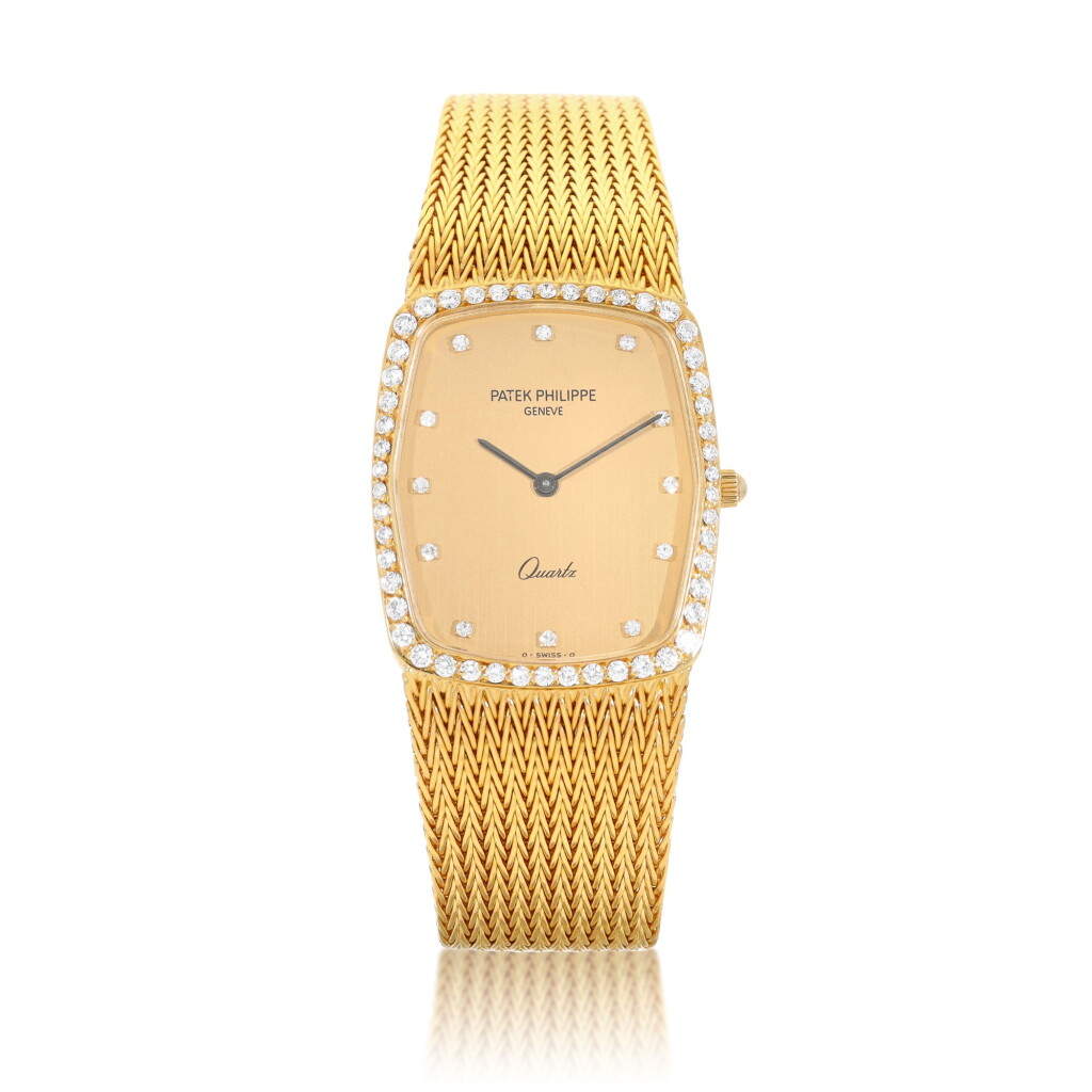 View full screen - View 1 of Lot 8105. Patek Philippe | Reference 3870, A yellow gold and diamond-set bracelet watch, Circa 1980 | 百達翡麗 | 型號3870 黃金鑲鑽石鏈帶腕錶,約1980年製.