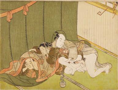 View full screen - View 1 of Lot 6. Suzuki Harunobu (1725-1770) | An amorous couple and husband under a mosquito net (kaya) | Edo period, 18th century.