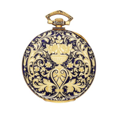 View full screen - View 1 of Lot 117. Retailed by Greenleaf and Crosby Co.: A yellow gold and enamel open faced watch, Circa 1920.