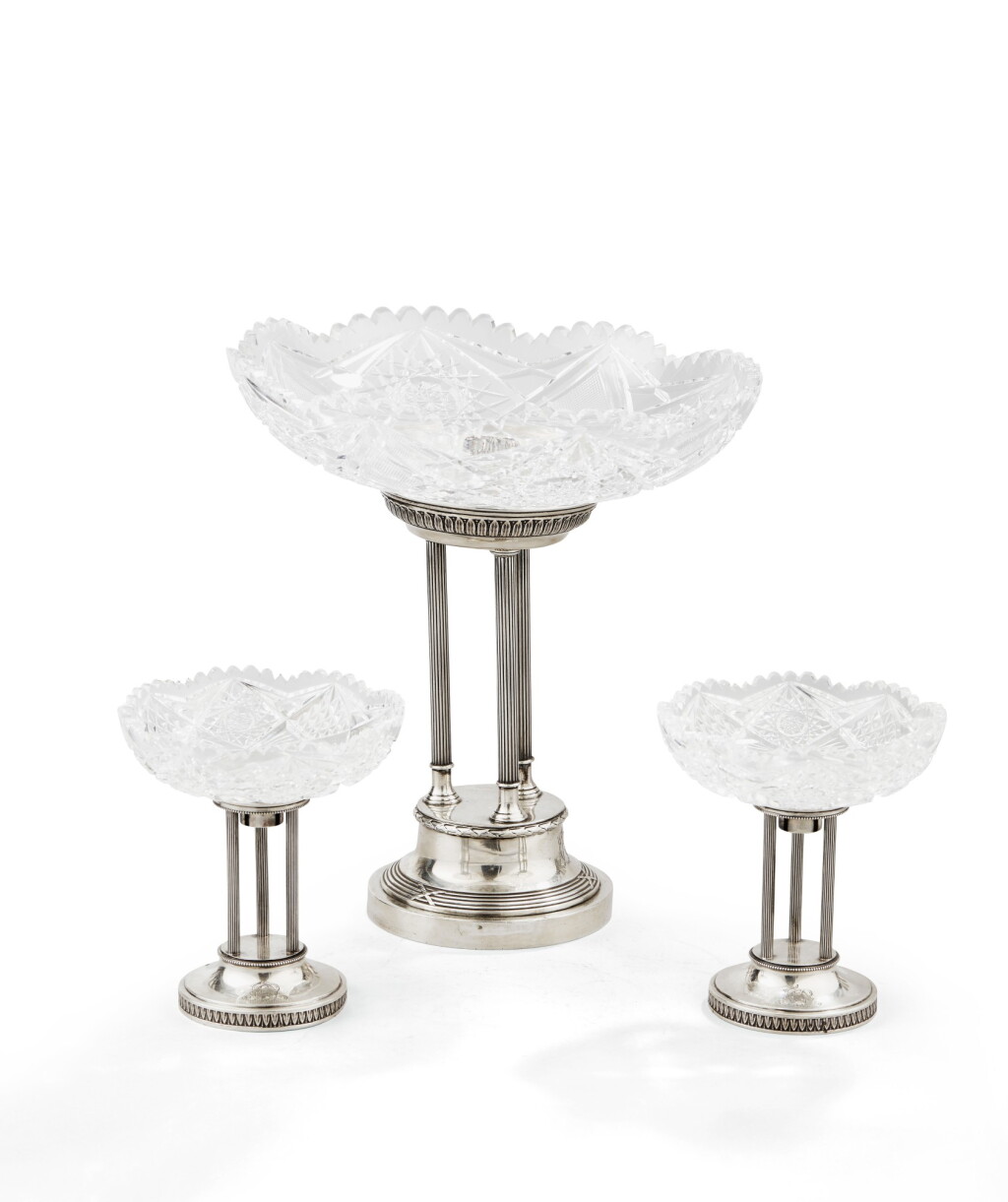 View full screen - View 1 of Lot 72. A SET OF THREE SILVER AND CUT-CRYSTAL CENTERPIECES, RUSSIA, 1908-1917 | CENTRES DE TABLE EN ARGENT ET CRISTAL, RUSSIE, 1908-1917 .