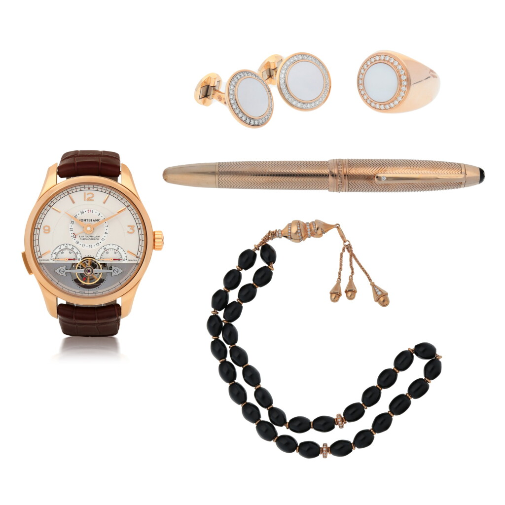 View full screen - View 1 of Lot 422. EXOTOURBILLON MINUTE CHRONOGRAPH, REF 7353 PINK GOLD TOURBILLON CHRONOGRAPH WRISTWATCH WITH DATE, MOTHER-OF-PEARL AND DIAMOND-SET PINK GOLD VACHERON CONSTANTIN CUFFLINKS AND MATCHING ACCOUTREMENTS CIRCA 2015.
