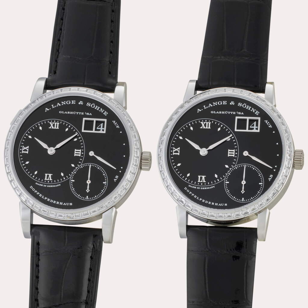 View full screen - View 1 of Lot 100. Reference 181.862G Little Lange 1 & Reference 191.862G Lange 1 'Secret Set' | A pair of limited edition platinum and diamond-set wristwatches with digital date display and power reserve indication, Circa 2025.