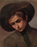 Head study of a boy wearing a wide-brimmed hat