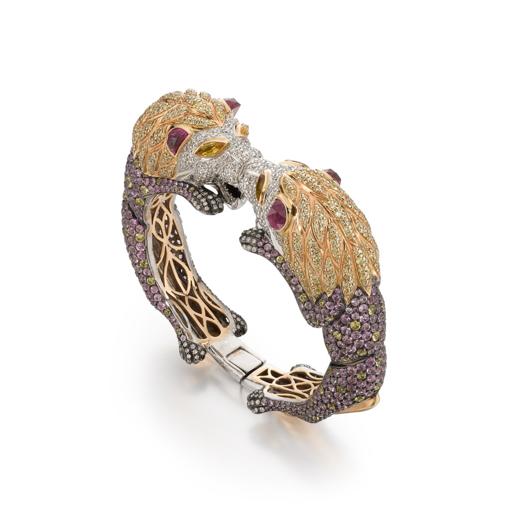 View full screen - View 1 of Lot 178. Yellow and pink sapphire, coloured diamond and diamond bangle.
