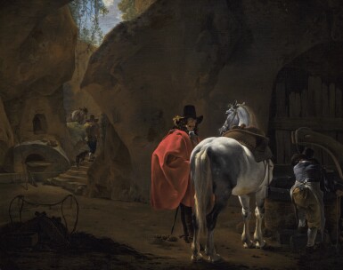 View full screen - View 1 of Lot 29. JAN ASSELIJN | A gentleman with a grey horse in a cavernous landscape.