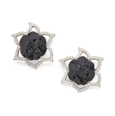 View full screen - View 1 of Lot 11. PAIR OF ONYX AND DIAMOND EARCLIPS, CHANEL, FRANCE.