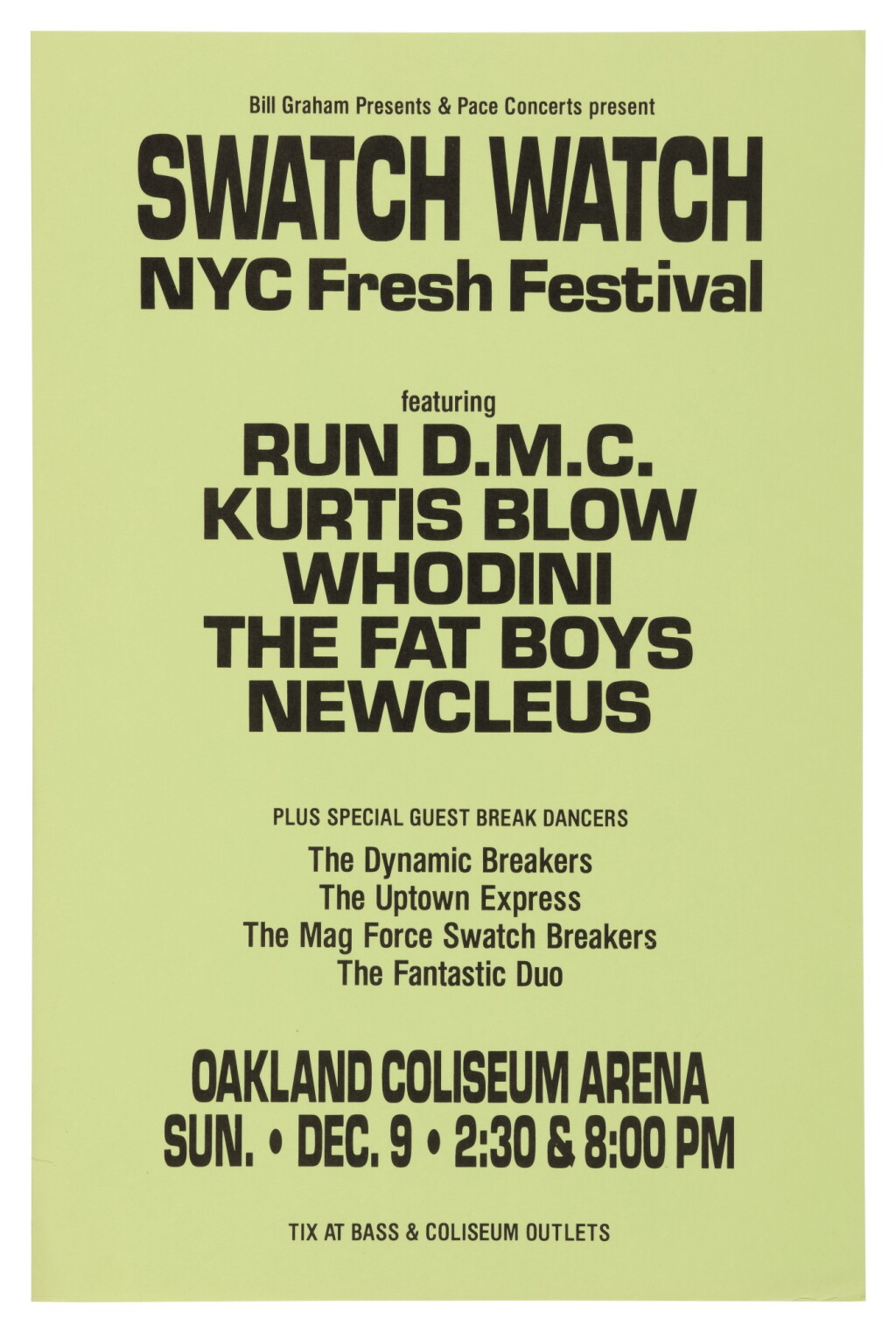 View full screen - View 1 of Lot 50. RUN-DMC | "BILL GRAHAM PRESENTS & PACE CONCERTS PRESENT SWATCH WATCH NYC FRESH FESTIVAL" CONCERT POSTER, 1984.