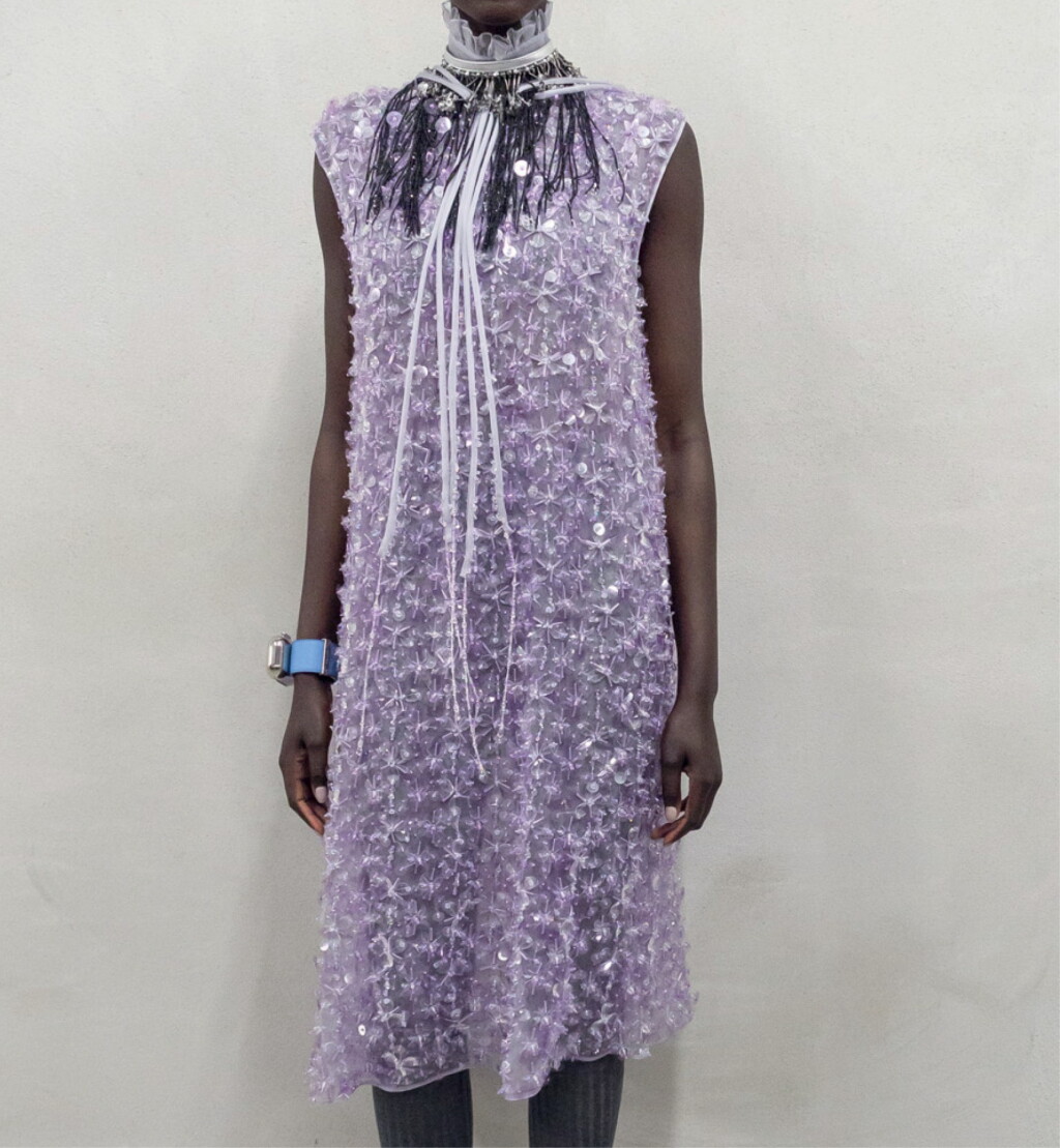 View full screen - View 1 of Lot 29. PRADA | EMBROIDERED ORGANZA DRESS, ORGANZA CHOKER, METAL HEADBAND, VANITY BRACELET, TWO-TONE BRUSHED AND PATENT LEATHER MARY JANE PUMPS UNIQUE DRESS, NOT IN THE STORES.