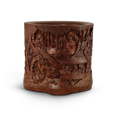 View full screen - View 1 of Lot 525. A carved bamboo ‘Seven Sages of the Bamboo Grove’ brushpot, Qing dynasty, 18th century 清十八世紀 竹雕竹林七賢圖筆筒.