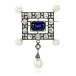 Colour change sapphire, natural pearl and diamond brooch, circa 1900
