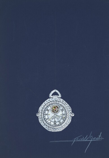 View full screen - View 1 of Lot 15. An original prototype design of a grand complication grande sonnerie openface watch, painted by Gérald Genta, with accompanying NFT, Circa 1994 | 傑洛・尊達 一幅 Grand Complication 大報時懷錶原型設計圖,由傑洛・尊達繪製並附帶 NFT 証書,約1994年製.