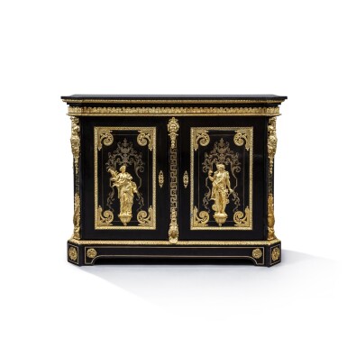 View full screen - View 1 of Lot 117. A Napoleon III gilt-bronze mounted brass and ebony Boulle marquetry meuble à hauteur d'appui, third quarter of 19th century, stamped by Mathieu Befort, dit Befort jeune | Meuble à hauteur d'appui en marqueterie Boulle d'ébène et laiton d'époque Napoléon III, troisième quart du XIXe siècle, estampille de Mathieu Befort, dit Befort jeune.