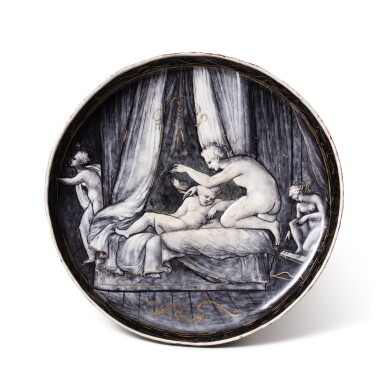 View full screen - View 1 of Lot 119. A Limoges grisaille painted enamel Tazza with Cupid and Psyche, Mid-16th century.