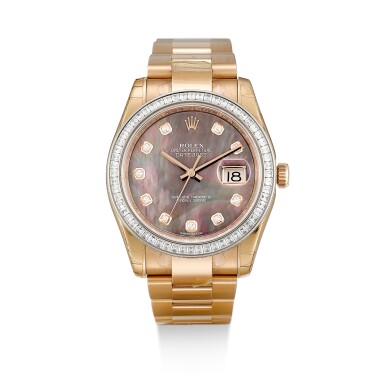 View full screen - View 1 of Lot 123. ROLEX | DATEJUST, REFERENCE 116285BB, A PINK GOLD AND DIAMOND-SET WRISTWATCH WITH MOTHER-OF-PEARL DIAL, DATE AND BRACELET, CIRCA 2018.