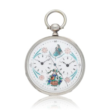 View full screen - View 1 of Lot 93. An interesting and unusual silver open-faced dual time zone watch, the movement incorporating separate cylinder and lever escapements Circa 1870.