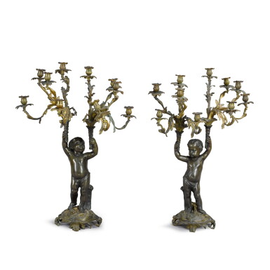 View full screen - View 1 of Lot 46. A pair of French bronze and parcel-gilt ten-light candelabra, late 19th century.