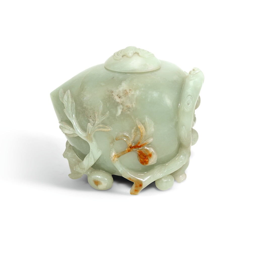 View full screen - View 1 of Lot 67. A CELADON JADE 'PEACH' WATERPOT AND COVER, QING DYNASTY, 19TH CENTURY | 清十九世紀 青白玉福壽雙全水盂.