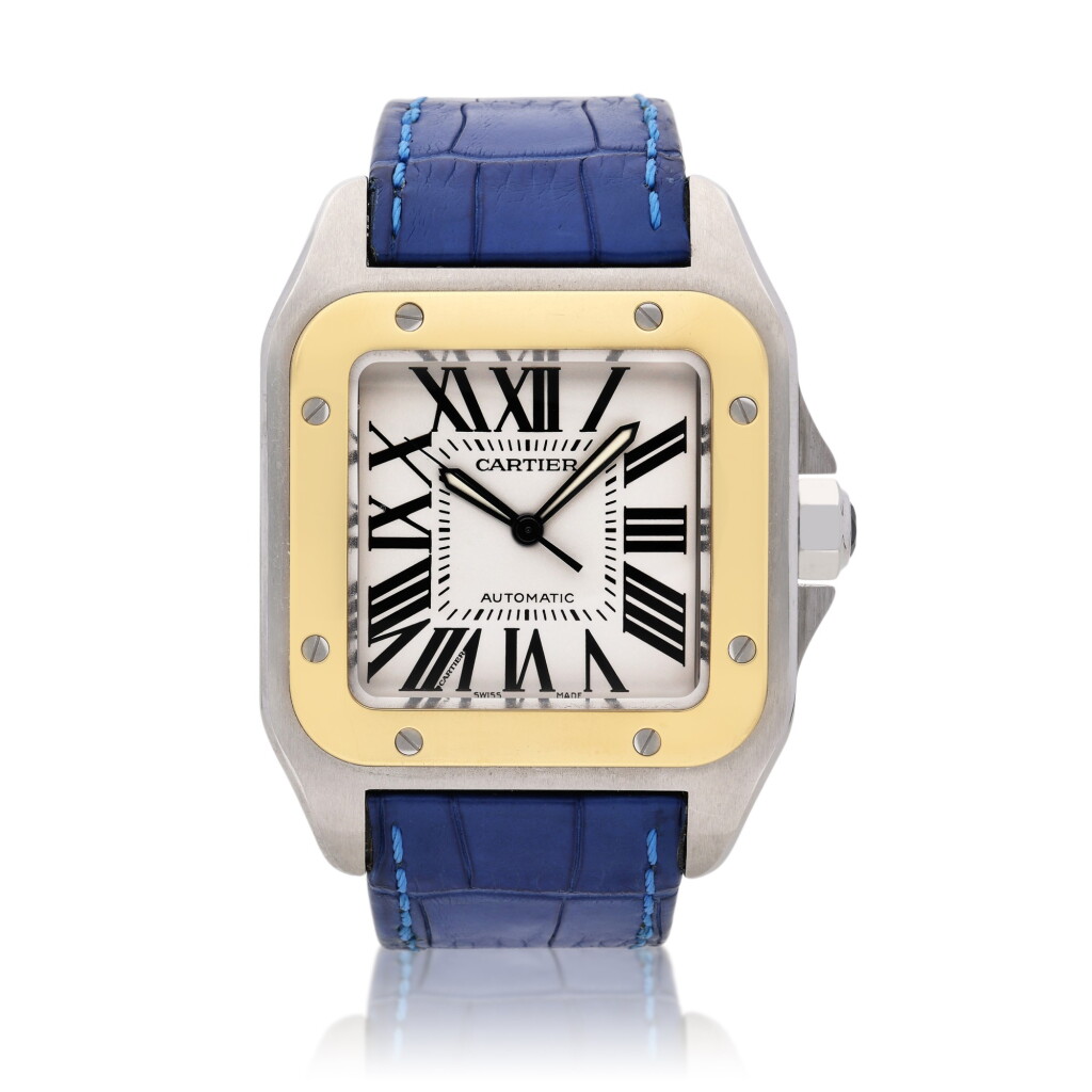 View full screen - View 1 of Lot 255. Reference 2656 Santos 100, A stainless steel and yellow gold automatic square shaped wristwatch, Circa 2010.