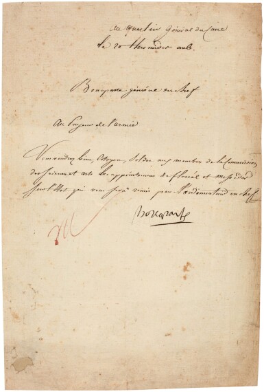 View full screen - View 1 of Lot 77. Napoleon I | Letter signed, ordering payments to scientists and artists on the Egyptian Campaign, 1798.