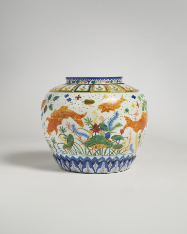 View full screen - View 1 of Lot 168. An exceptionally rare wucai 'fish' jar, Mark and period of Jiajing .