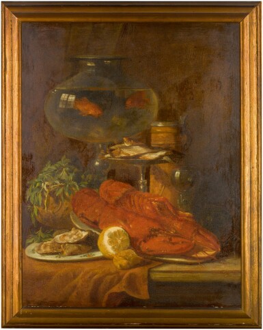 View full screen - View 1 of Lot 60. Still-life with shellfish, fish, lemons and goldfish in a bowl.