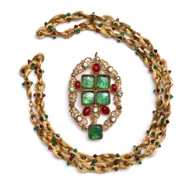 View full screen - View 1 of Lot 1063. Red and Green Gripoix, White Rhinestone Pendant Brooch with Matching Gold Metal Rope Necklace, c. 1960's.