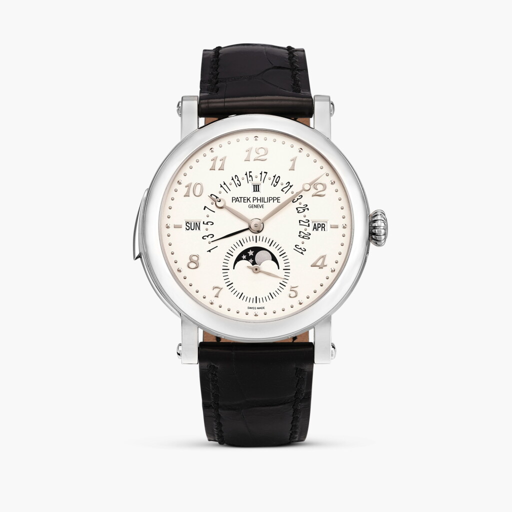 View full screen - View 1 of Lot 2599. Reference 5213 | A white gold minute repeating perpetual calendar wristwatch with moon phases, retrograde date and leap year indication, Circa 2013.