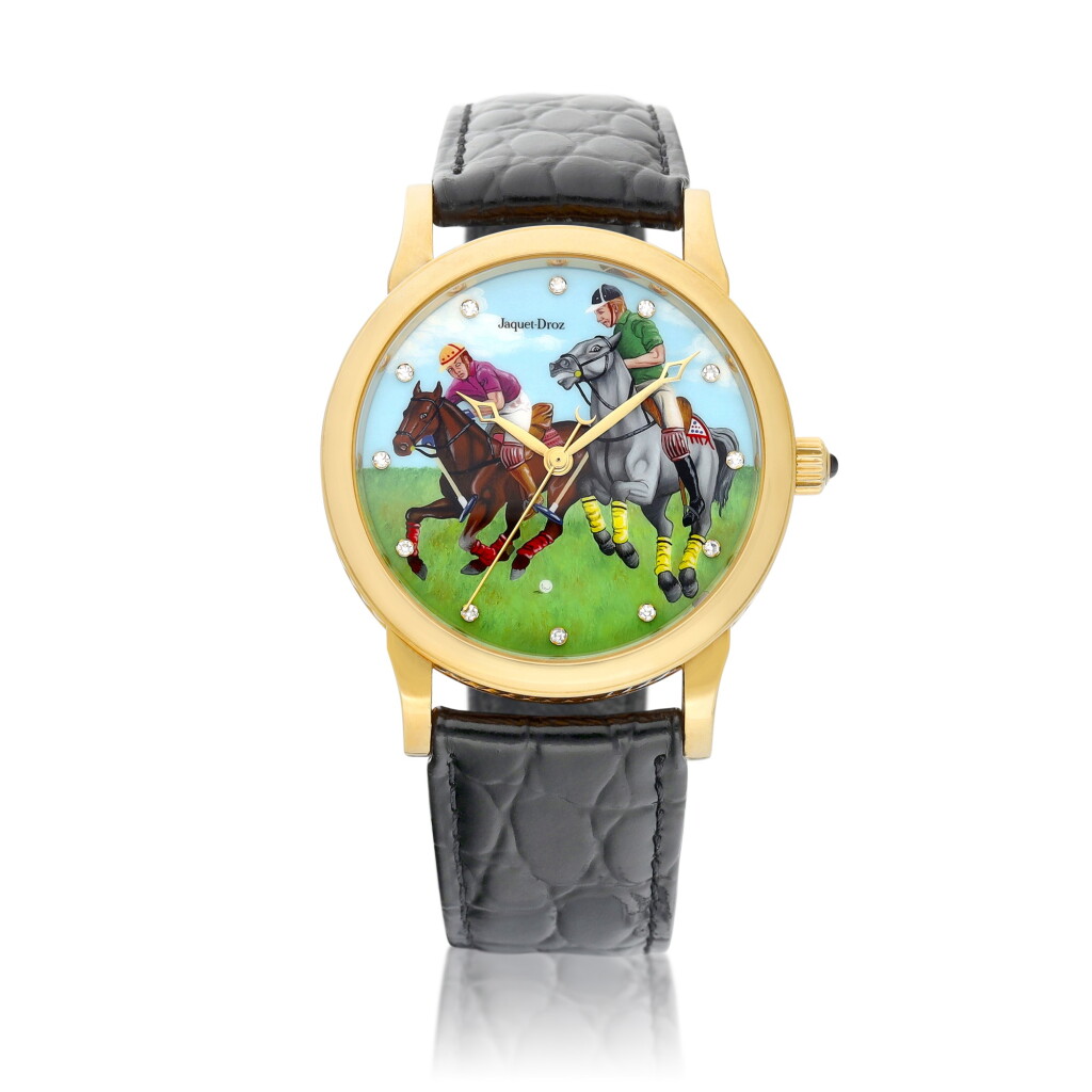 View full screen - View 1 of Lot 8044. Reference 2225 | A yellow gold and diamond-set wristwatch with polychrome enamel dial, Circa 1995 | 雅克德羅 | 型號2225 | 黃金鑲鑽石腕錶,備多彩琺瑯錶盤,約1995年製.