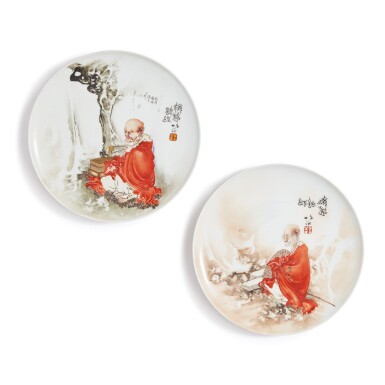 View full screen - View 1 of Lot 816. A RARE PAIR OF ENAMELED 'LUOHAN' DISHES, SIGNED WANG BU, REPUBLIC PERIOD.