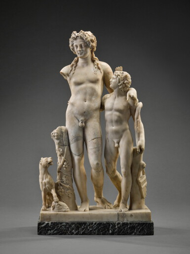 View full screen - View 1 of Lot 5. A Roman Marble Group of Dionysos and a Satyr, circa 1st Century A.D., with late 18th/early 19th Century Restorations.