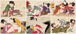 Attributed to Kitagawa Utamaro (1754-1806) | Six shunga woodblock prints | Edo period, 19th century
