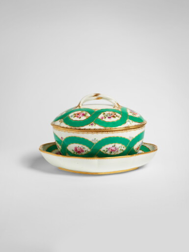 View full screen - View 1 of Lot 621. A Sèvres Porcelain Sugar Bowl and Cover and a Mustard Pot Stand (Sucrier ovale and Plateau moutardier) from the Service presented by Louis XV to Empress Maria Theresa of Austria, circa 1758.