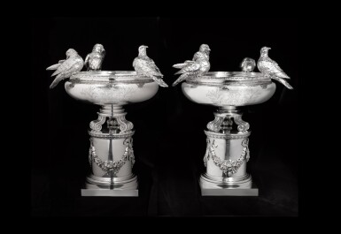 View full screen - View 1 of Lot 27. An impressive pair of Victorian 'Doves of Pliny' Silver Centerpieces, Paul Storr for Storr & Mortimer, London, 1838 .