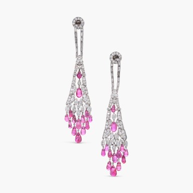 View full screen - View 1 of Lot 624. Elegant Pair of Ruby and Diamond Pendent Earclips 典雅 紅寶石 配 鑽石 耳墜一對.