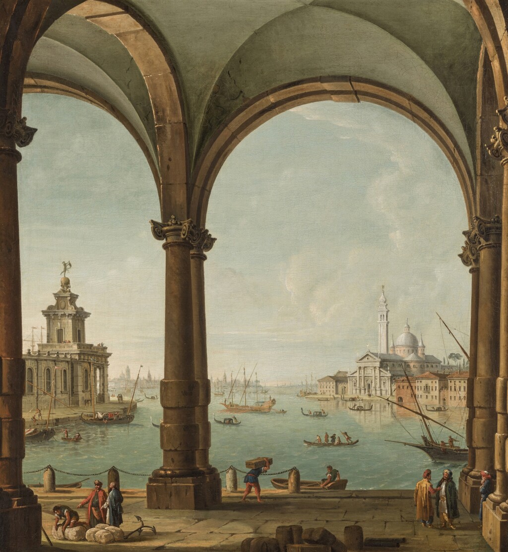 Antonio Joli — A capriccio of the Bacino di San Marco, Venice, from the entrance to the Giudecca, with the Punta della Dogana and San Giorgio Maggiore through a vaulted loggia