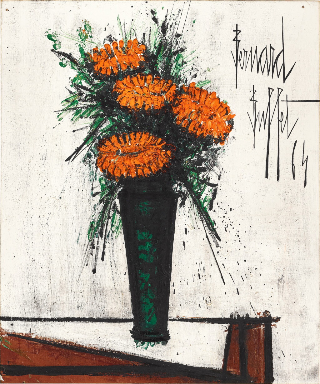View full screen - View 1 of Lot 117. Bernard Buffet 貝爾納・布菲 | Zinnias dans un verre 玻璃瓶中的百日菊.